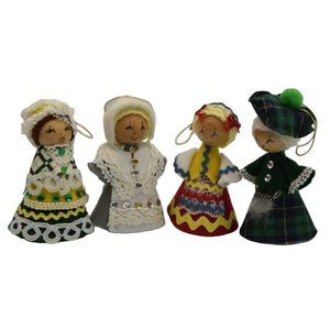 Vintage 4 Handmade International Dolls By Jan Felt Dolls Wood Heads 4" Ornaments